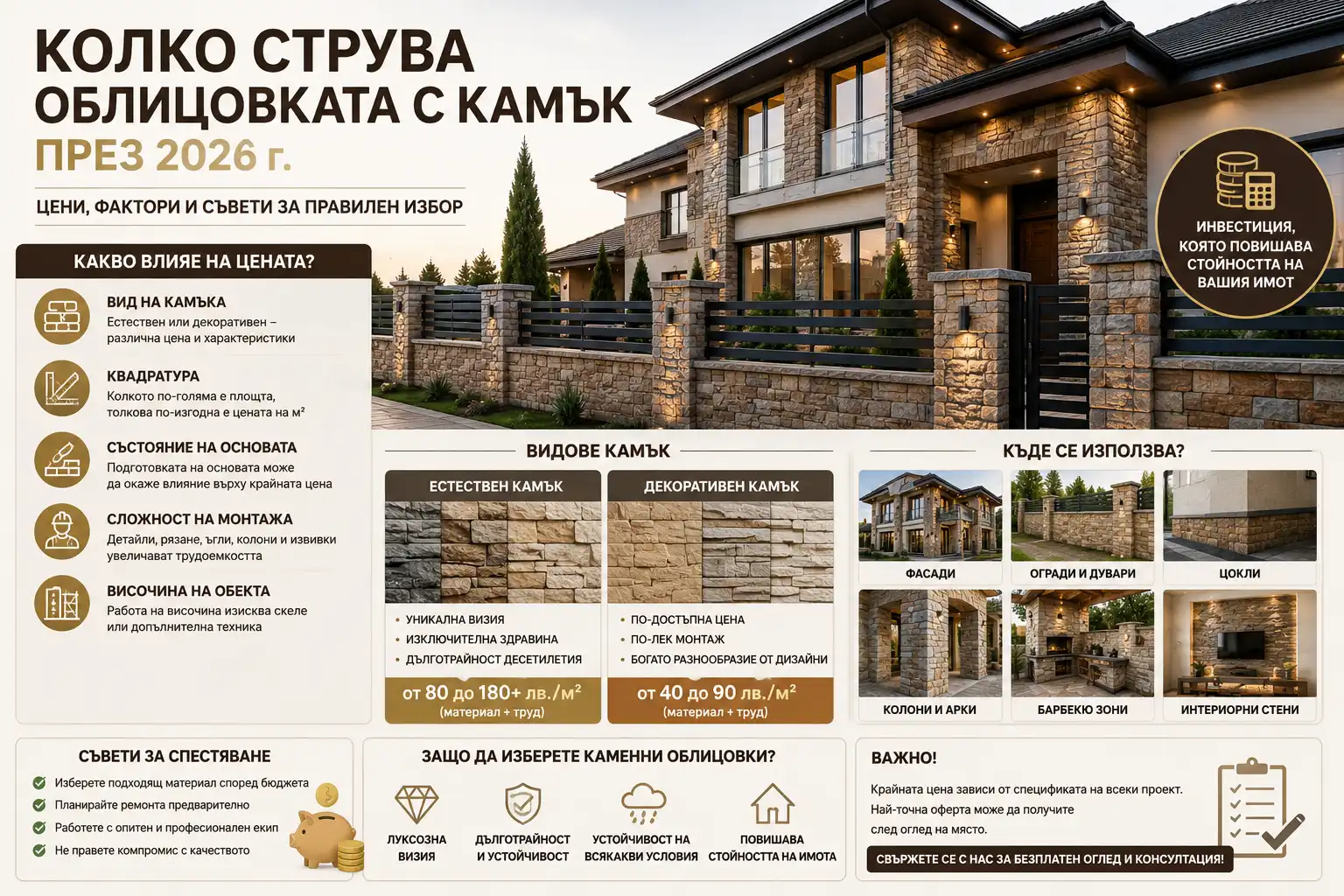 Колко струва облицовката с камък през 2026 г.?